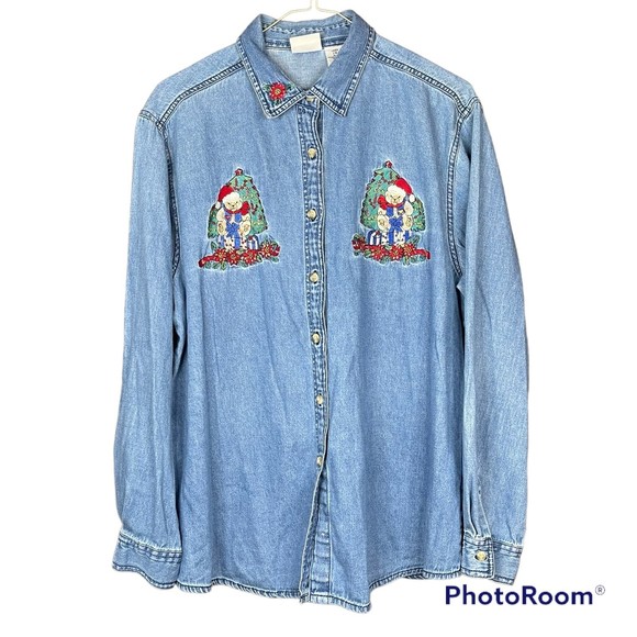 Vintage Bobbie Brooks Christmas Embroidered Denim Button Down Shirt Sz XL(16-18) - Picture 1 of 5